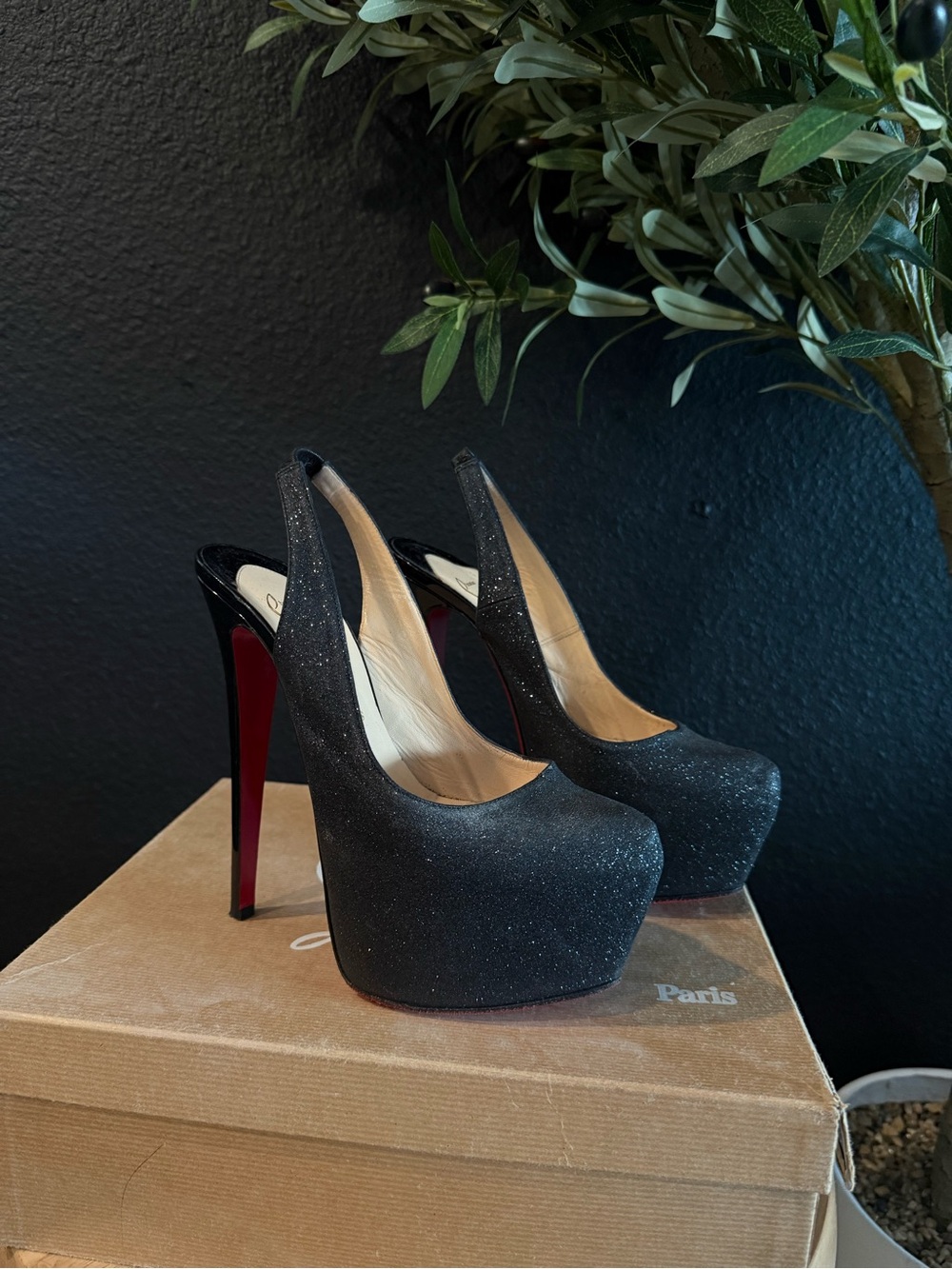 Christian Louboutin Black Glitter Platform Slingback Pumps with Red Sole